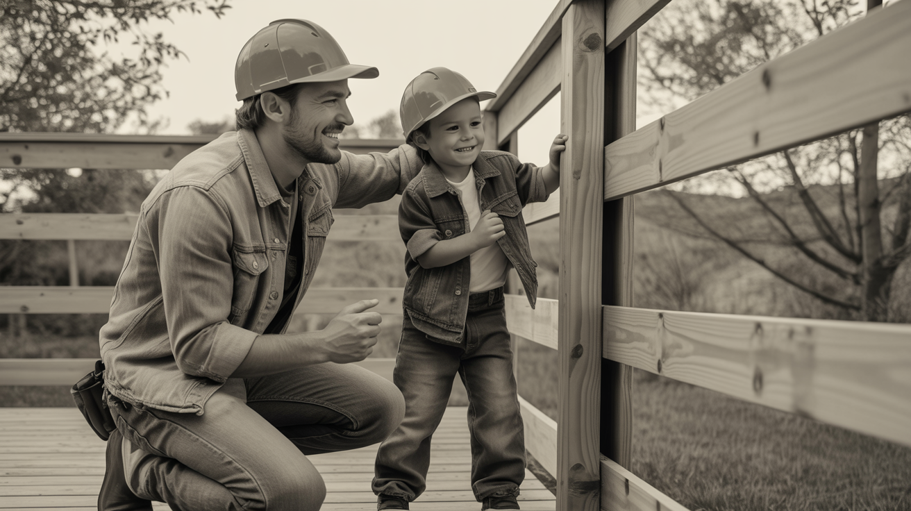 Father and son working on fence